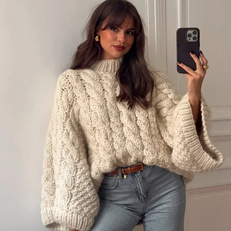 Casual Twists Stricken Oversize-Pullover Frauen Oansatz Lange Flare Hülse Lose Solide Pullover 2025, Herbst Winter Vintage Pullover