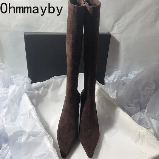 Women Stretch Modern Long Boots Fashion Pointed Toe Knee High Booties Designer High Heels Shoes.