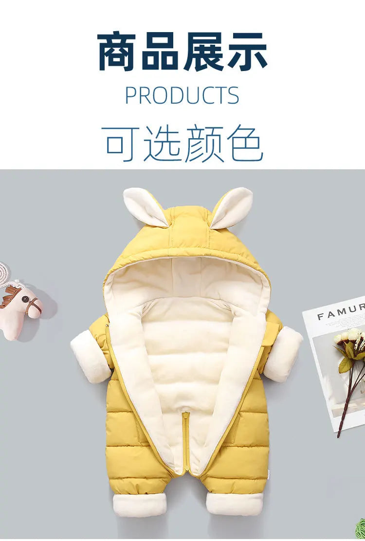 Winter Neue Baby Strampler Jungen Mädchen Patchwork Dicke Plus Samt Overalls Winddicht Mit Kapuze Overalls Schneeanzug Ein Stück Body
