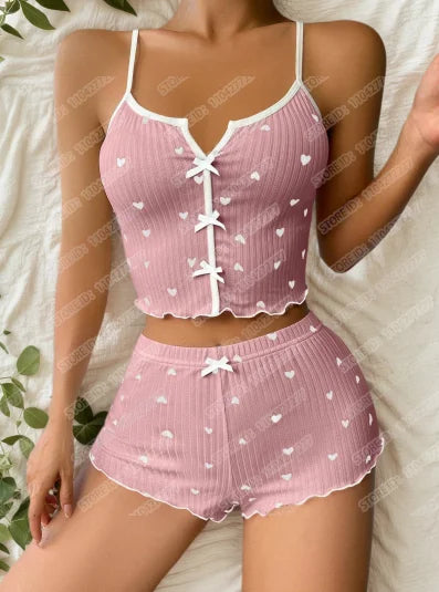 Frauen Sexy Nachtwäsche Pyjamas Set Herz Druck Seide Fleck V-ausschnitt Ärmellose Sexy Dessous Casual Cami und Shorts Sets Loungewear