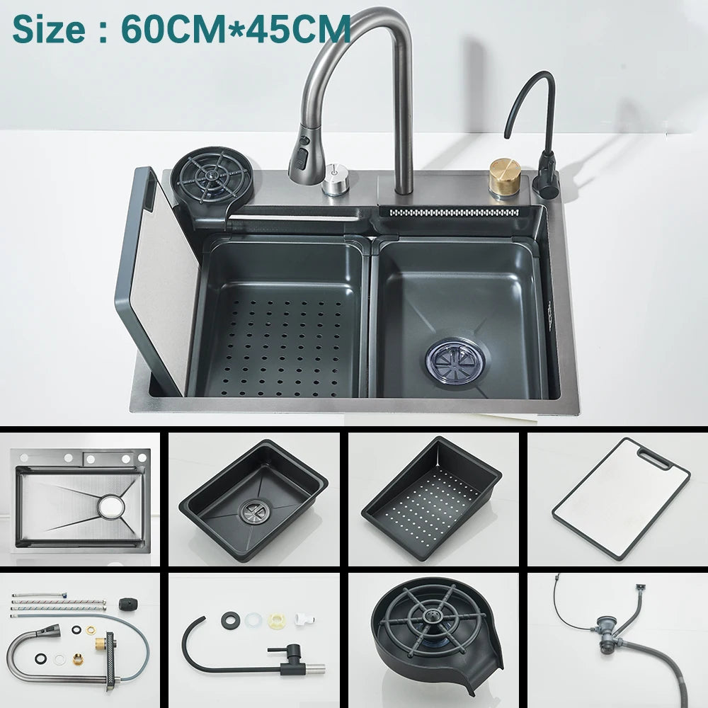 304 Stainless Steel Waterfall Kitchen Sink Large Single Slot with Chopping Board Cup Washer