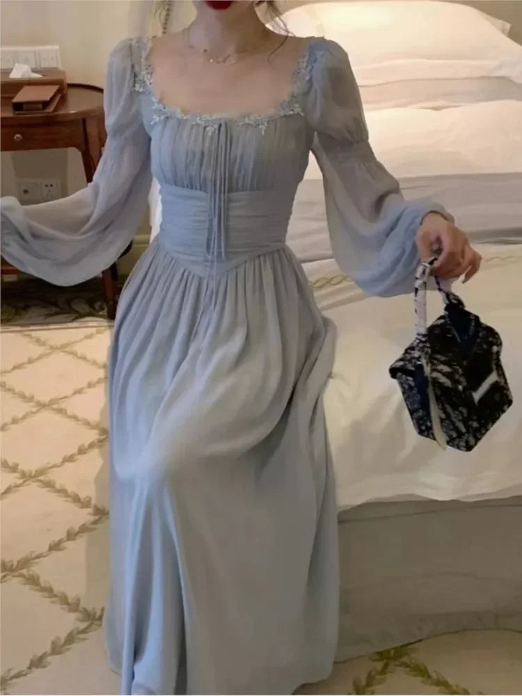 2024 Französisch elegante Prinzessin Abend party Midi Kleider für Frauen A-Linie schlanke Bandage Langarm Vestidos koreanische Frühlings kleidung