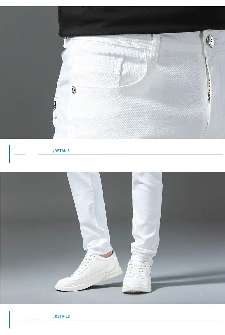2025 Spring Summer New 98%Cotton Men's Slim Jeans Straight Casual Fashion Pencil Pants High Quality Trousers Male Clothes White.