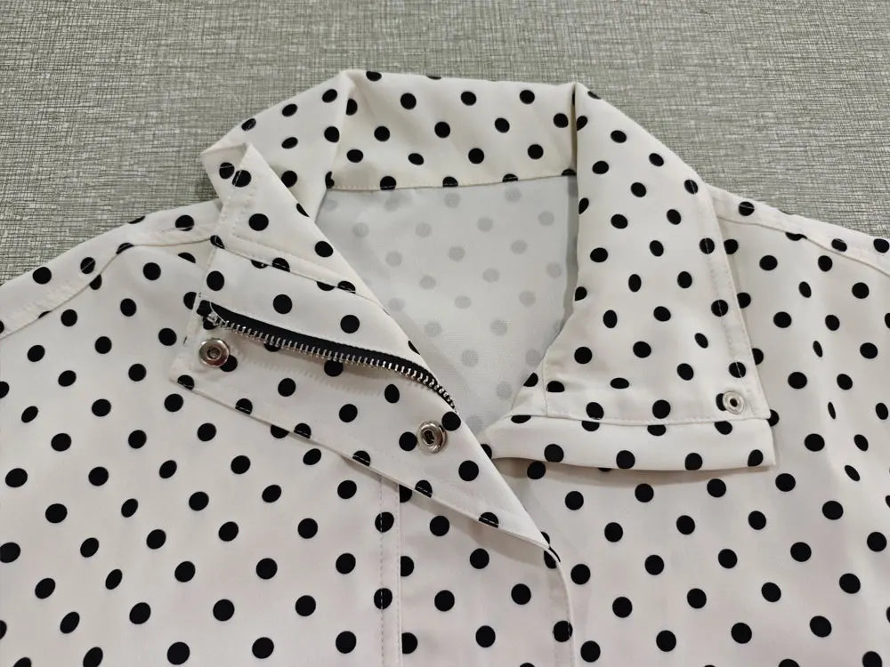 TRAFZA Herbst Polka Dot Gedruckt Jacke Für Frauen Lange Ärmel Rollkragen Zipper Mit Taschen Kordelzug Lose Vintage Mäntel