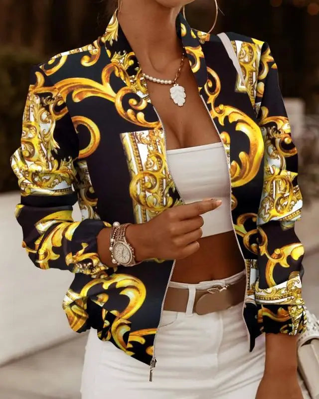 Mode Frauen Jacken Dünne Kurze Mäntel Herbst Vintage Print Lange Sleeve Zipper Dünne Jacke 2024 Casual Oberbekleidung Weibliche Jacke