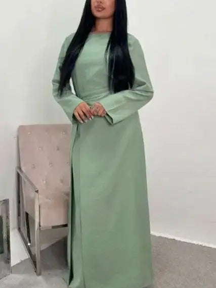 Muslim Women Arabic Dubai Abaya Solid Drawstring Long Dress Modest Ramadan Kaftan Robe Femme musulmane Islam Clothing Kebaya