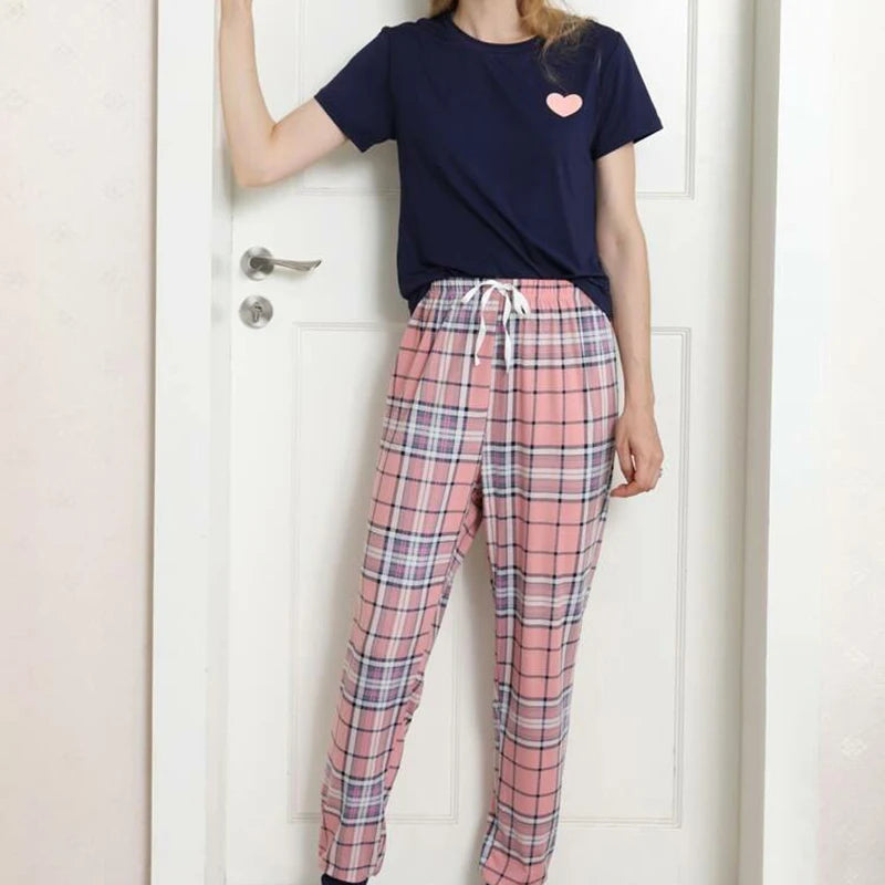 Zweiteilige Damen New Style Love Pattern Kurzarm Bluse Plaid Hose Casual Pyjamas Home Anzug