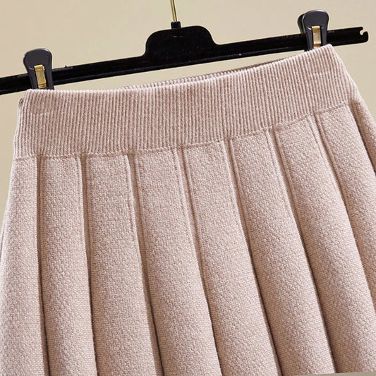 All Match Knitting Short Pleated Skirt Women Autumn Winter 2025 High Waist Mini Skirts Woman Casual Solid Thick A Line Skirts.