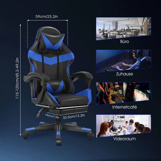 Bürostuhl Ergonomisch Gaming Stuhl Massage Gaming Sessel mit Kopfstütze Massage-Lendenkissen, Gepolstert Gaming Chair, Drehsessel,150kg Kapazität,Schwarz Blau