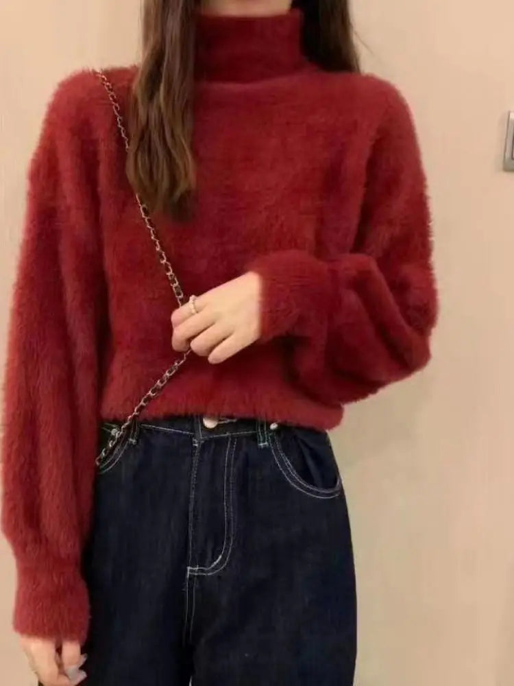 2025 frauen Gestrickte Tops Winter Imitieren Nerz Wolle Heißer Fleece Weibliche Rollkragen Elastische Beiläufige Pullover Weiche Warme Pullover