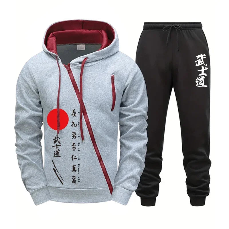 2025 New Arrival Men's Bushido Print Hoodie Sweatpants High Quality Male Outdoor Casual Sport Jogging Suit Motorcycle Zip Outfit.