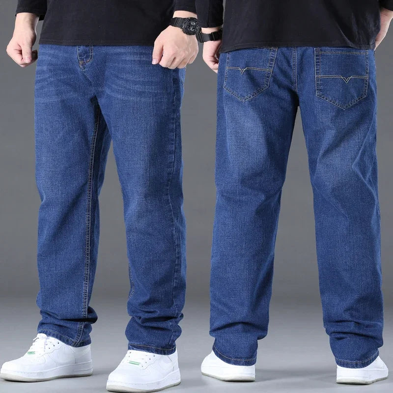 Große Größe Herren Jeans High Stretch Denim Stoff Große Größe Hosen für 45-150 kg Jeans Hombre Jeans mit weitem Bein Pantalon Homme