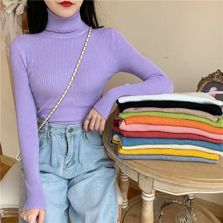 2023 herbst Winter Frauen Langarm Gestrickte Foldover Rollkragen Rippen Pull Pullover Weiche Warme Femme Jumper Pullover Kleidung