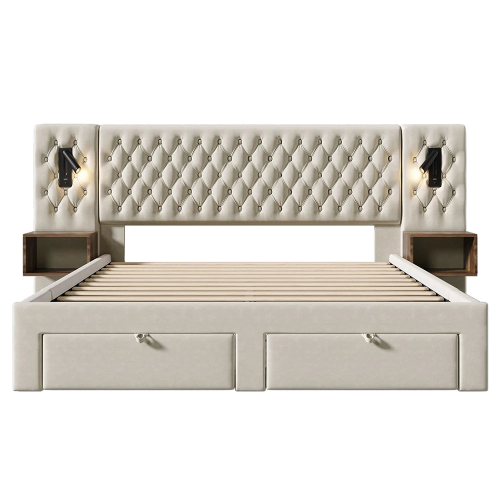 KOMHTOM Polsterbett mit 2 Nachttischen und 4 Schubladen, Kopfteil Leselicht mit USB-Ladefunktion, Samt (Ohne Matratze)