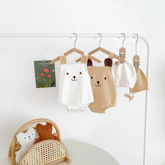 2023 neue Im Sommer Infant Neugeborene Baby Mädchen Jungen Cartoon Bär Druck Outfits Kinder Baumwolle Overalls Geschenk Hut Bodys.