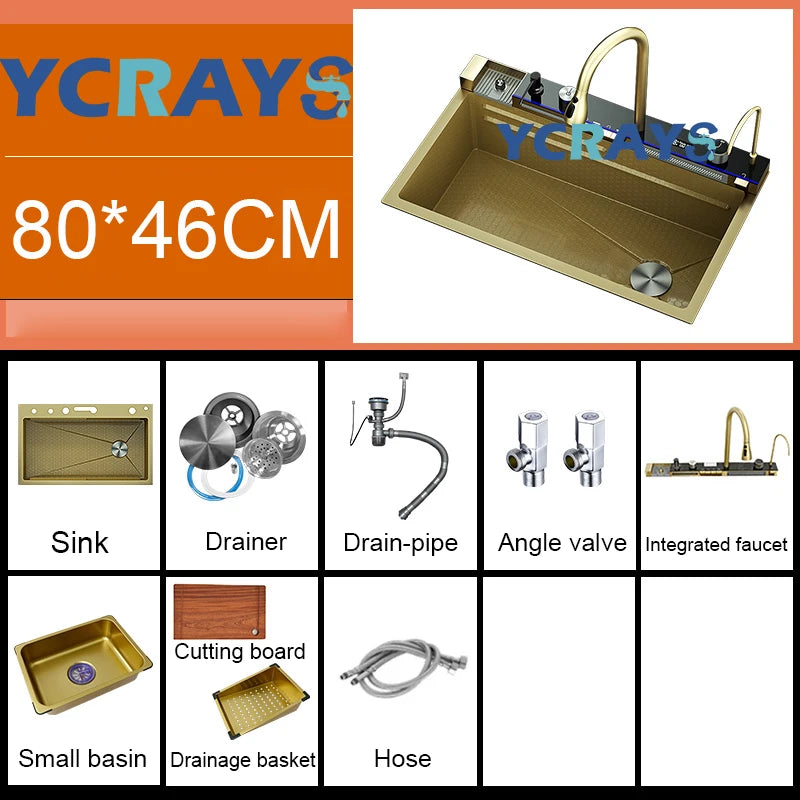 YCRAYS White Nano Kitchen Sink Large Single Slot Waterfall Integrated Digital Display Faucet Soap Dispenser Cup Washer Pure Tap