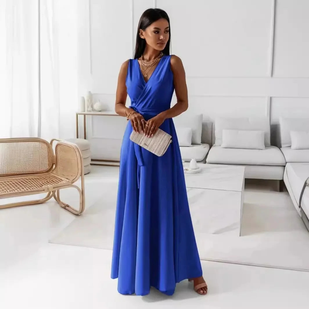 Frühling Sommer Neue Stil frauen Lange V-ausschnitt Kleid Reine Farbe Maxi Kleid Ärmelloses Empire-Taille Kleid für Damen Modische