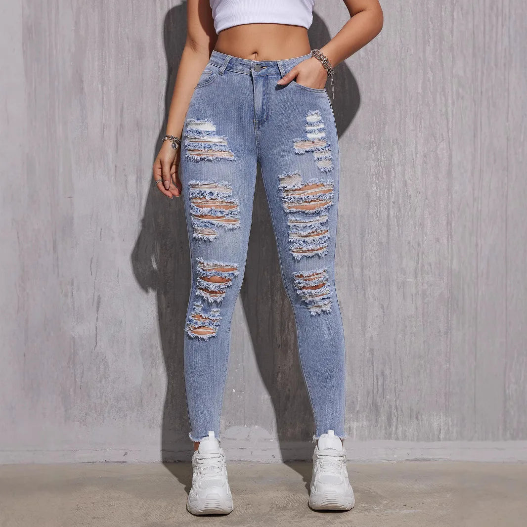 2025, Frühlings-Röhrenjeans mit hoher Taille für Damen – Stretch-zerrissene hellblaue Denim-Hose, knöchellange Slim-Fit-Freizeithose XS-XXL