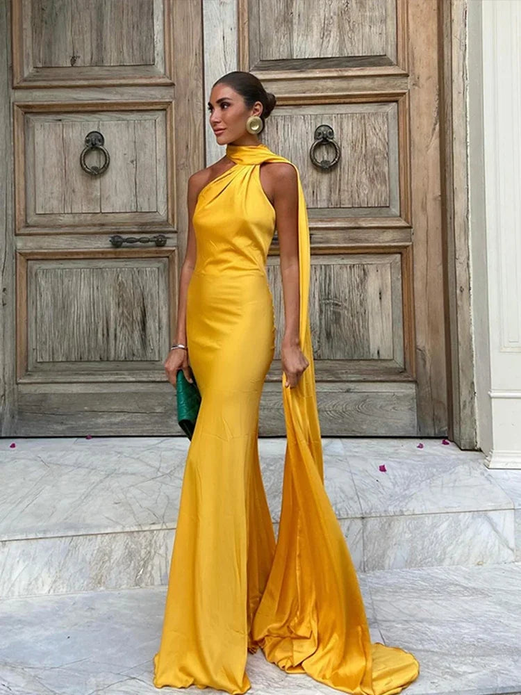Band hängenden Hals lange Kleider schräg Schulter schnüren rücken frei seidig Satin Temperament Slim Fit Neck holder Frau Fischschwanz Kleid