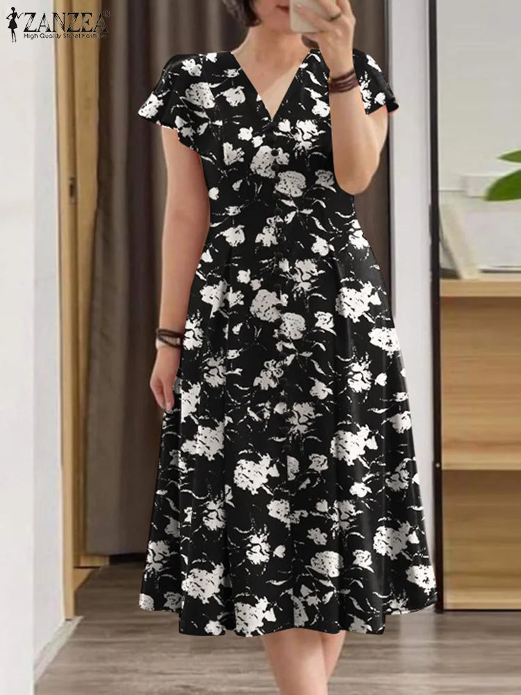 ZANZEA Damen-Sommerkleider, Rüschenärmel, V-Ausschnitt, Cinch-Taille, Damen, elegant, Blumendruck, Party, Pendeln, A-Linie, Midi-Sommerkleid
