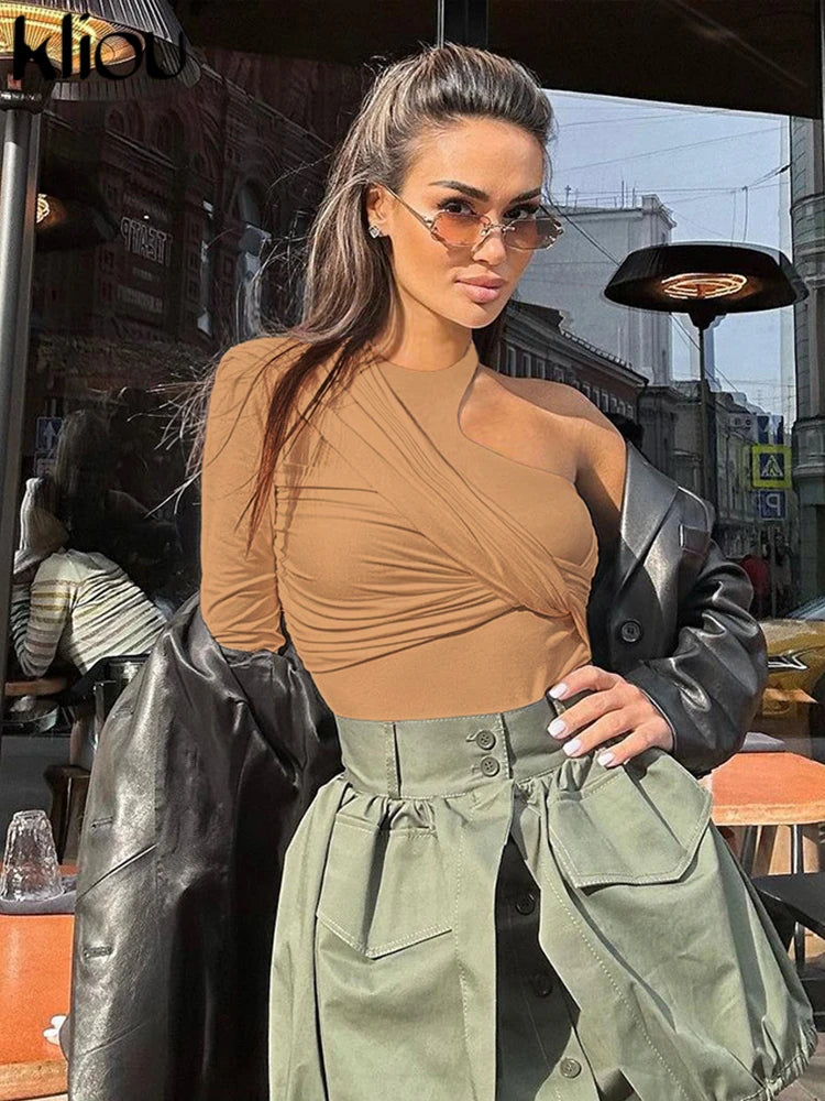 kliou Classic Solid Women Bodysuits Autumn All-matched Stacked Ruched Incline Shoulder Skinny Rompers Female Trend Street Tops