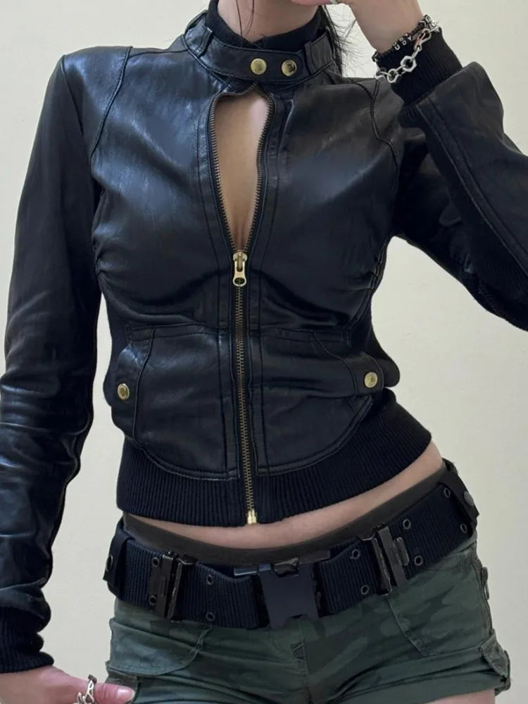 AltGoth Harajuku Streetwear Pu Leder Jacke Mall Gothic Cyber Punk Rollkragen Crop Mäntel Hipster Dark Grunge Rave Outfit Femme
