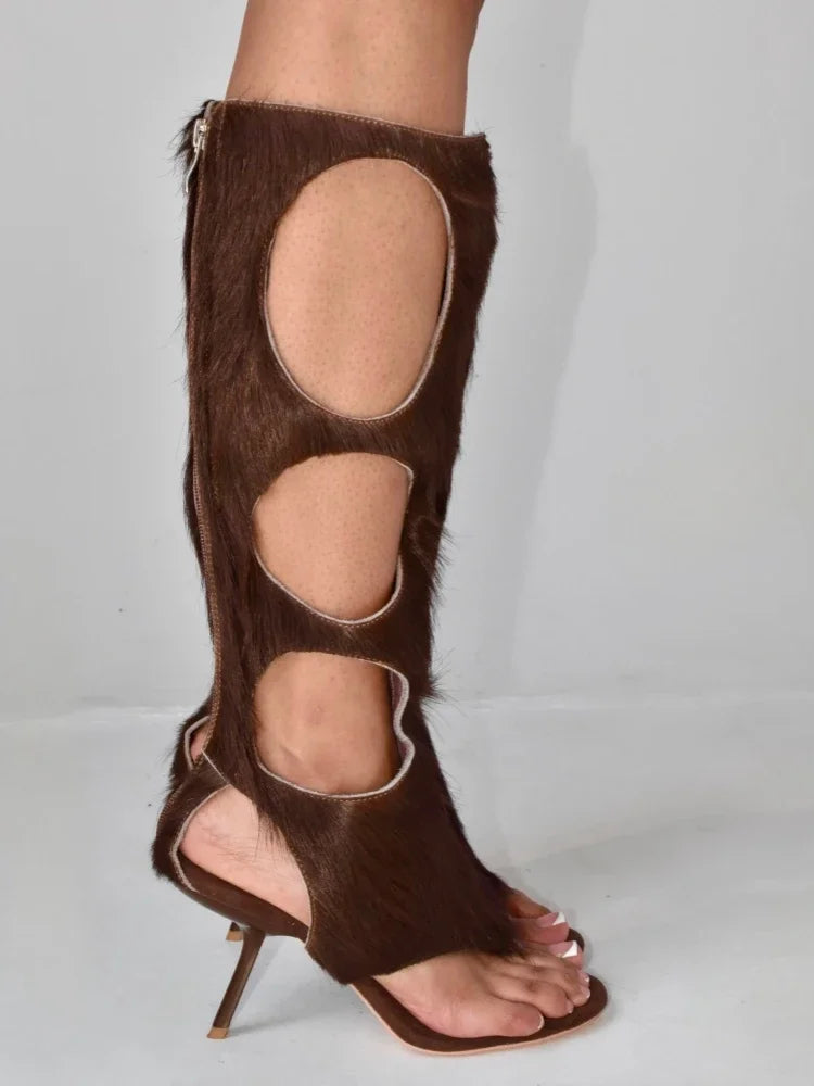 2025 New Luxury Women's Knee-High Boots | Real Horsehair Cut-Out Stiletto Heel & Rear Zipper | Evening Party Club Dress Shoes