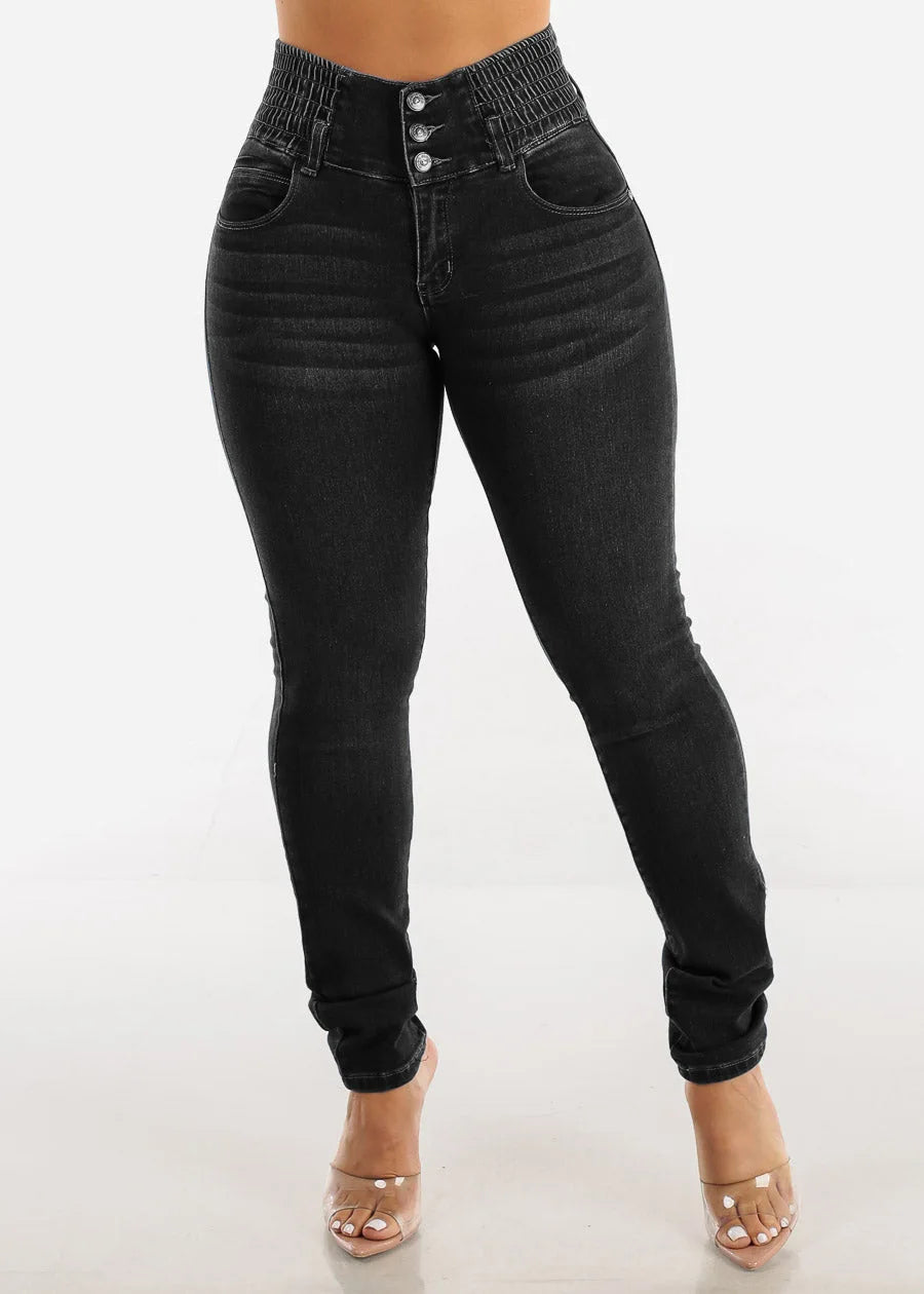 Jeans-Bleistifthose für Damen, 2025, dünne Hose, hohe Taille, Stretch, gewaschen, Distressed-Taschen, Knöpfe, Vintage-Denim, Streetwear