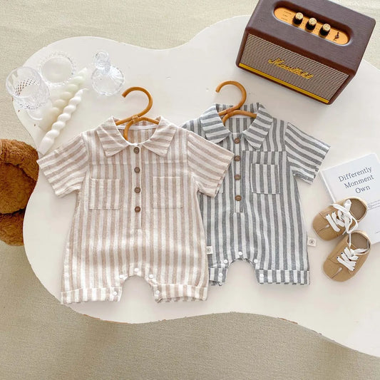 2024 sommer Infant Gestreiften Baby Jungen Strampler Kurzarm Muslimischen Babe Jungen Polo Body Dünne Lose Neugeborenen Jungen Outfits.