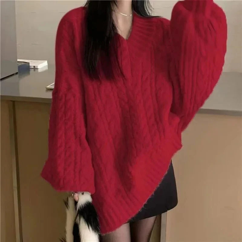 Herbst Winter Frauen Pullover Harajuku Übergroßen Gestrickte Pullover Koreanische Langarm V-ausschnitt Strickwaren Preppy Solide Lose Jumper