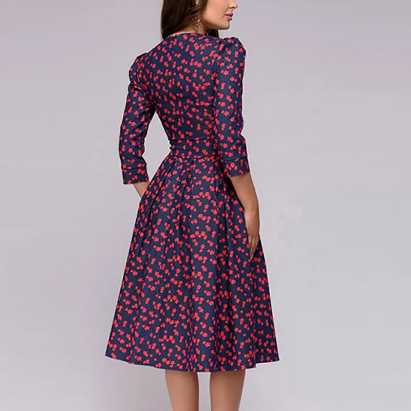 2023 frühling AutumnOffice Dame Knie Länge Elegante Vintage Langarm Party Kleider Frauen Floral Bedruckte Kleid Neue