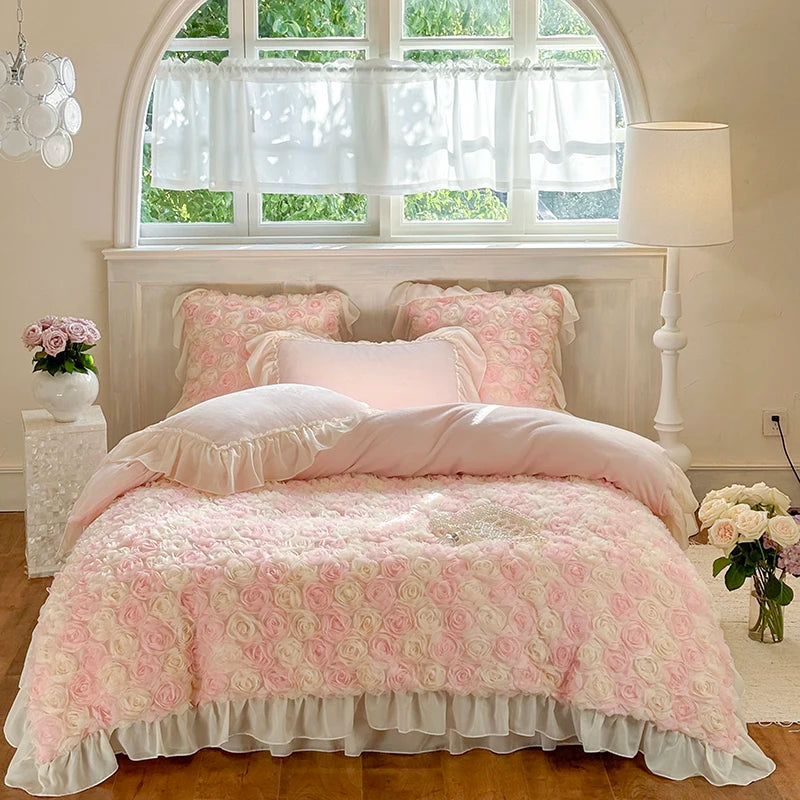 Three-Dimensional Rose Flowers Lace Ruffles Princess Wedding Bedding Set Warm Milk Velvet Duvet Cover Bed Sheet Pillowcases 4Pcs