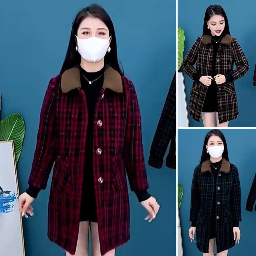 Frauen Plaid Mantel Karierten Winter Mutter Jacke Taschen drehen-unten Kragen einreiher Mid Länge Mantel Mid-aged frauen Mantel