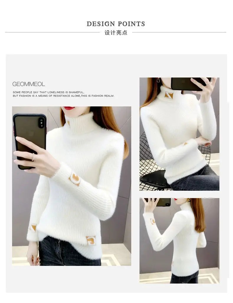 Hoher Kragen Pullover Pullover Frauen Nerz Brief Jacquard Unterlage Solide Western Stricken Unterwolle Herbst Winter Pullover Pullover