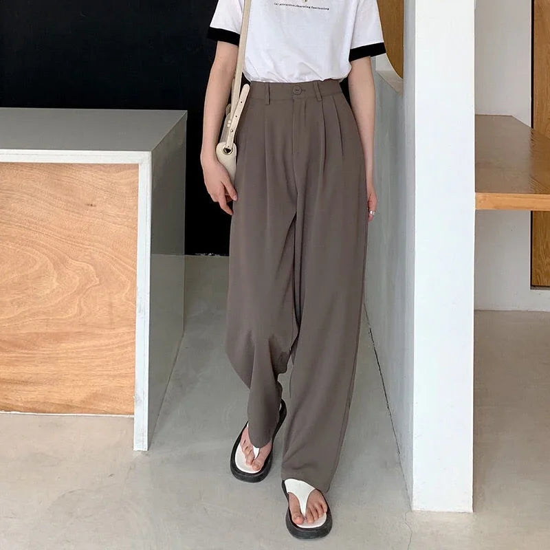 Hohe Taille Frauen Anzug Hosen fallen gerade Büro Damen koreanische Mode Hosen lässig Knopf lose weibliche schwarze Hosen neue 2024