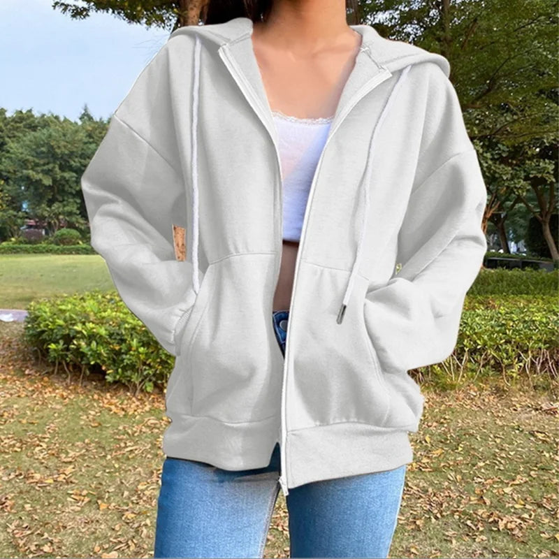 Herbst Fleece Hoodie Einfarbig Mit Kapuze Koreanische Mode Sweatshirts Langarm Top Kordelzug Taschen Lose Zipper Schwarz Hoodies