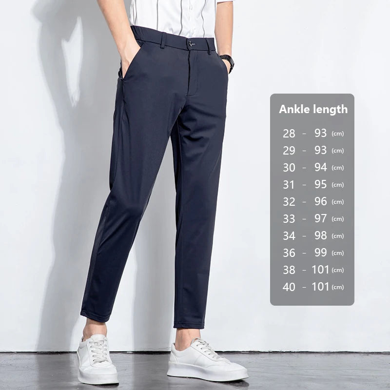 Summer Stretch Suit Pants Men Thin Business Solid Color Slim Ankle-Length Casual Formal Office Trousers Male Plus Size 28-38