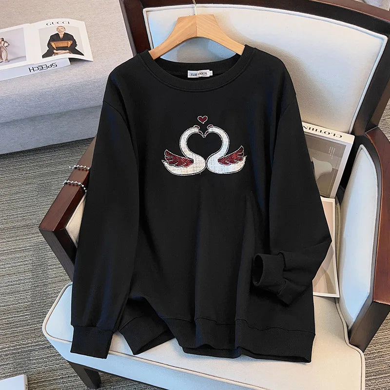175 kg Übergröße Damen Büste 170 Herbst Lose Rundhals Langarm Diamant Schwan Sweatshirt Schwarz Weiß 5XL 6XL 7XL 8XL 9XL