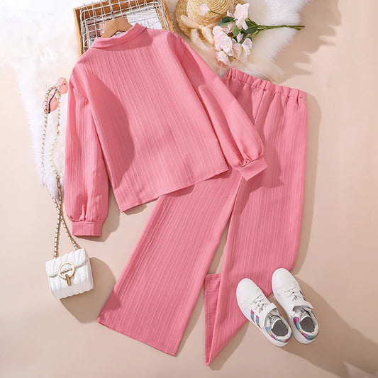 Girls Sets 4-16 Years Shirt Long-Sleeved Coat + Loose Casual Long Pants For Girls Korean Style Suits Summer Fashion Clothes Sets.