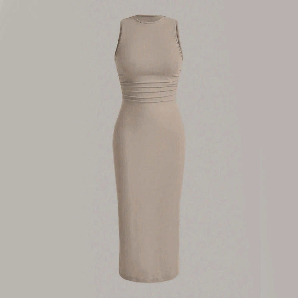 Mia Muse Damenkleider für alle Jahreszeiten, minimalistisch, schlicht, ärmellos, Rundhalsausschnitt, Wickel-MIDI-Partykleider