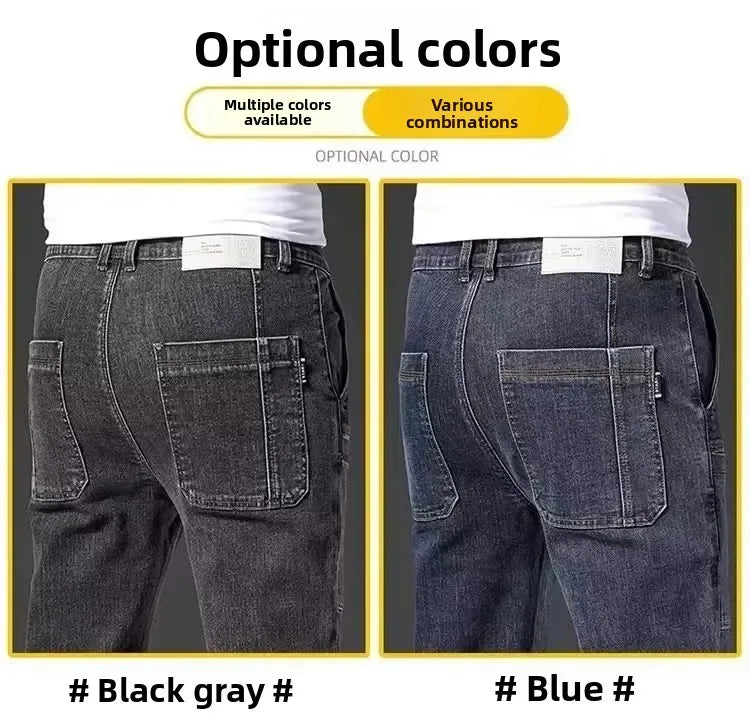 Elastische Herrenjeans, lässig, lockere Passform, mehrere Taschen, sechs Taschen, vielseitig, stilvoll, trendig, lockere Hose, männliches Modell