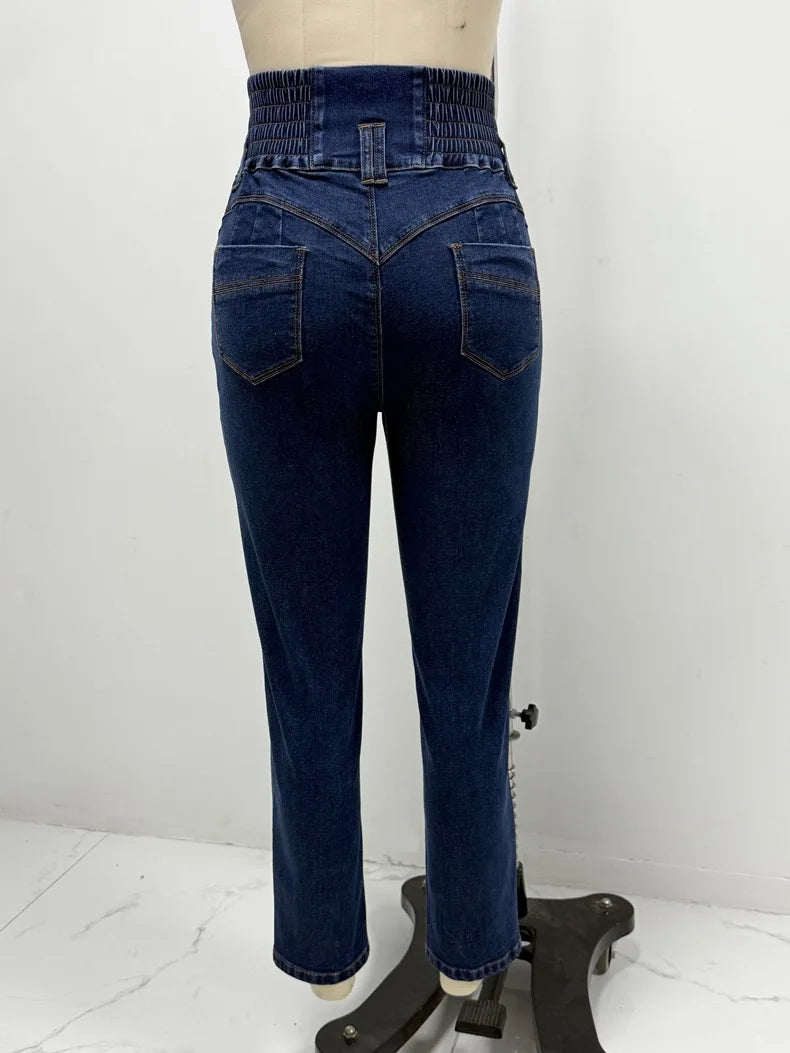 Jeans-Bleistifthose für Damen, 2025, dünne Hose, hohe Taille, Stretch, gewaschen, Distressed-Taschen, Knöpfe, Vintage-Denim, Streetwear