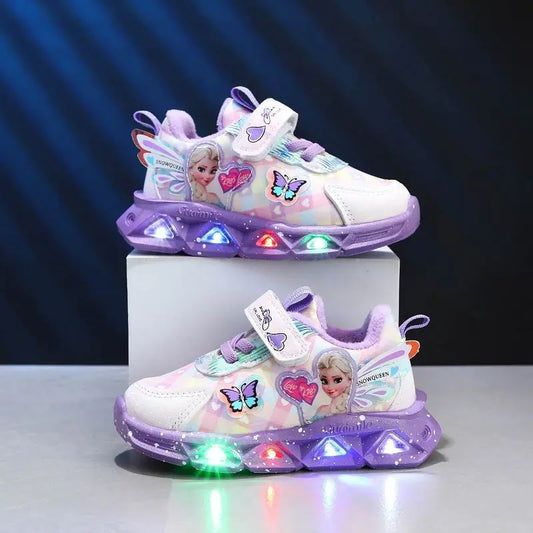 Disney LED Casual Sneakers For Spring Girls Frozen Elsa Princess Print Pu Leather Shoes Children Lighted Non-slip Pink Purple.