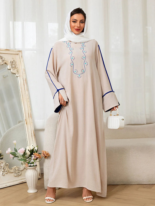 Beige Abaya Embroidered with Blue Patterns on Neckline Sleeves with Trim for Middle East Daily Wear Islamic Festivities Ramadan.