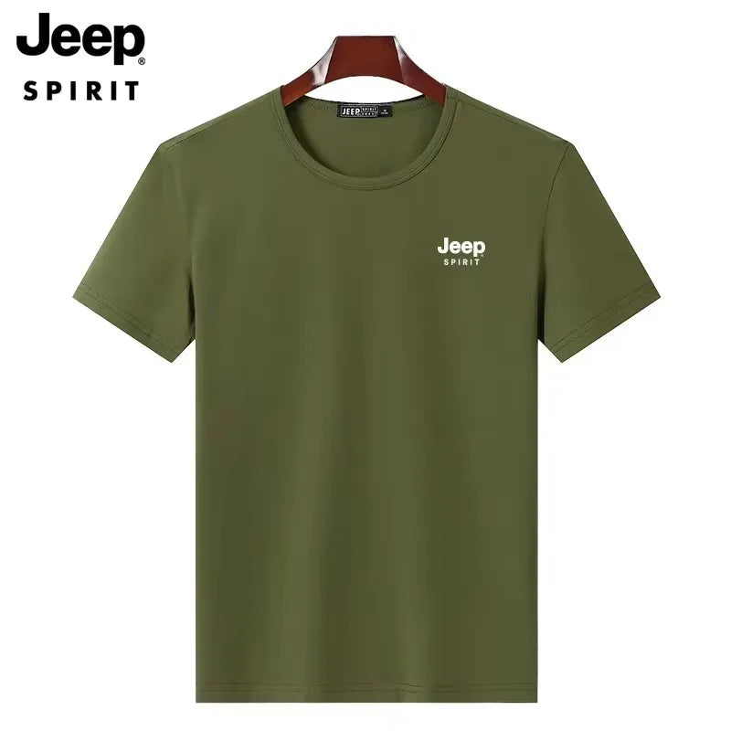JEEP SPIRIT Mens T-shirt Summer 100%Cotton 230g Heavy Print Sports Breathable Round Neck Top Loose Solid Short Sleeve
