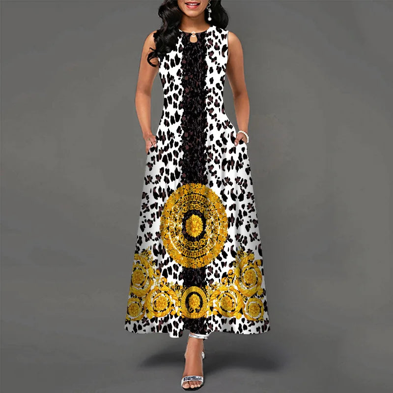Blumendruck Neues lässiges ärmelloses langes Kleid Damen V-Ausschnitt bedrucktes Kleid Swing Bohemian Retro Kleider