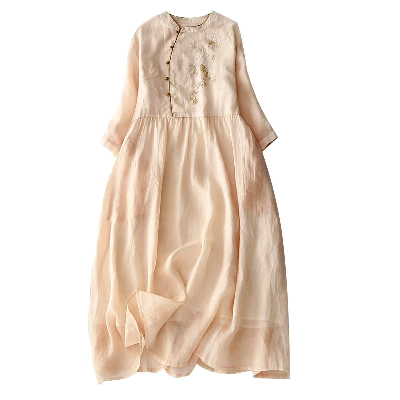 Vintage lange Damen kleider neue chinesische Stickerei koreanische Kleidung Sommer Kurzarm lose Freizeit kleid