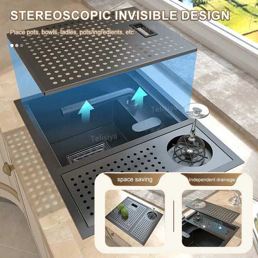 Tassenwascher, versteckte Spüle, Edelstahl, Küchenspülen, Café, Bar, kleiner Einzelschlitz mit Deckel, Balkon, Gartenwaschbecken