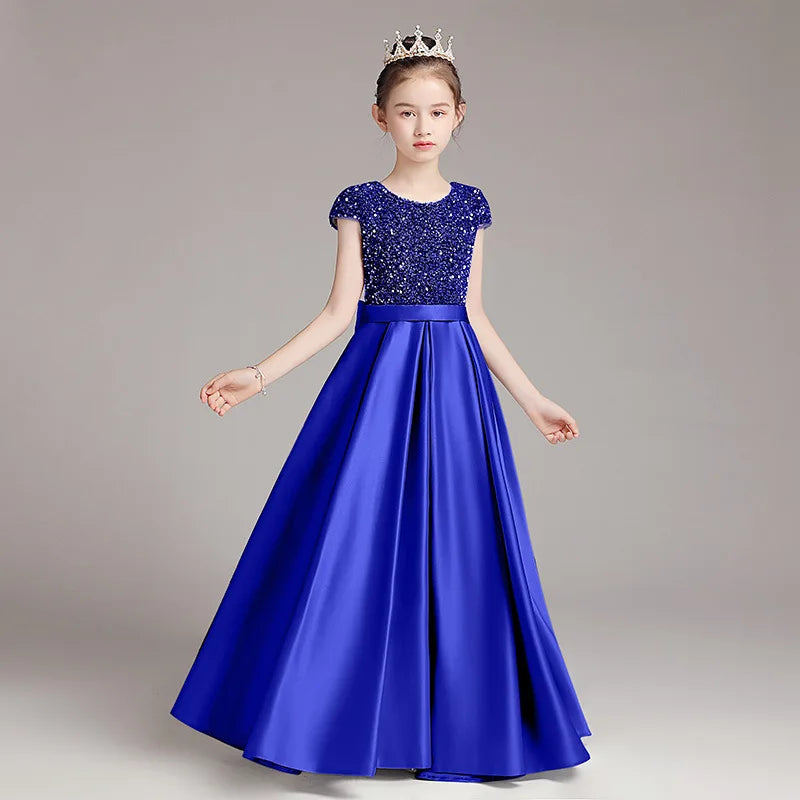 Mädchen-Klavierkleid, graues Pailletten-langes Performance-Kleid, Prinzessinnenkleid, Kinder-Host-Show-Performance-Kleid, Sommer
