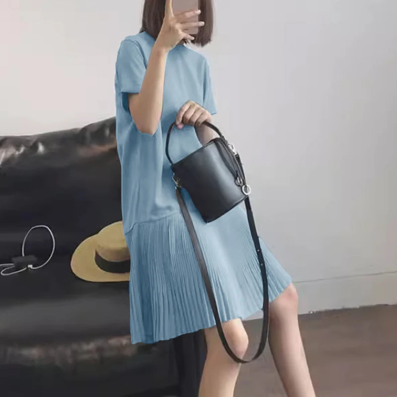 Zanzea lässig solide plissierte Kleid Frauen Sommer Kurzarm knielange Robe 2024 koreanische lose einfache Patchwork Vestido Overs ize